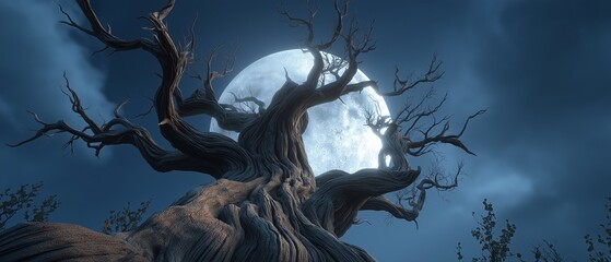 Fototapeta premium tree with twisted branches in a dark sky with a full moon in the backdrop. eerie Halloween scenery.