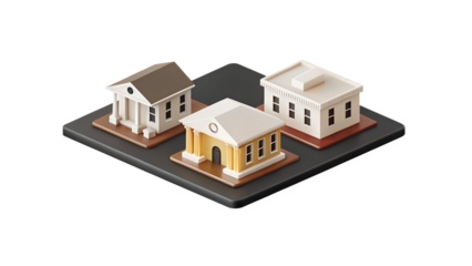 Stylized 3D Icons of Public Buildings – Clean Cartoon UI Icons with Vibrant Accents