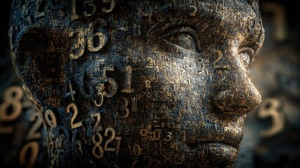 Abstract Portrait of Human Head with Numbers Overlay, Conceptual Depiction of Data and Information