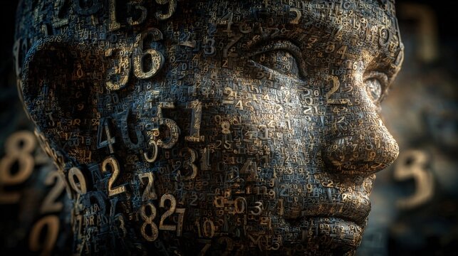 Abstract Portrait of Human Head with Numbers Overlay, Conceptual Depiction of Data and Information