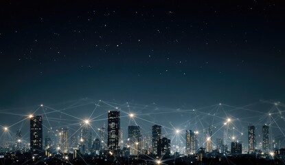 City skyline at night, connected by digital network