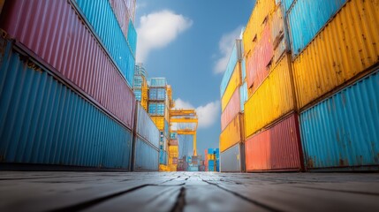 Obraz premium Shipping Containers Stacked in a Yard on a Sunny Day Ready for Global Logistics Operations