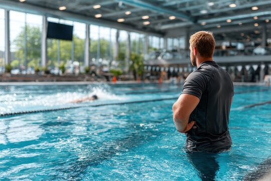 Swimming coach observing swimmers