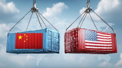 Trade Tension Concept: Two Cargo Containers Painted with Flags Suspended by Cranes, Representing Economic Conflict