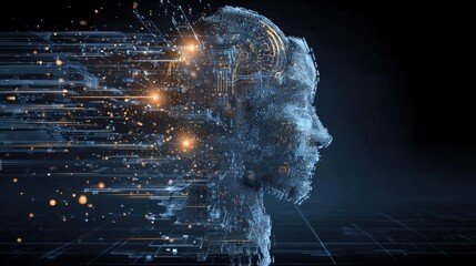 Abstract Digital Human Head with Data Stream, Representing Artificial Intelligence and Futuristic Technology