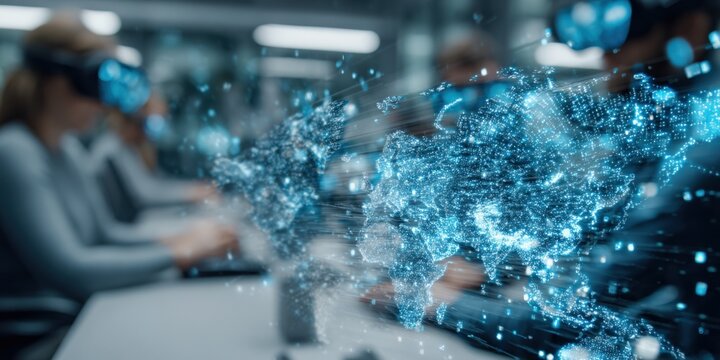 Team using VR headsets with global network visualization for business collaboration and futuristic technology applications - Powered by Adobe