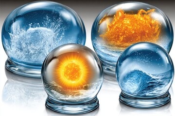 Four glass orbs, each containing a different element.  Ice, fire, sun, and waves are depicted within
