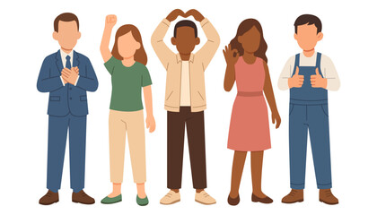 Fototapeta premium Flat vector cheerful group portrait of happy, positive people men and women standing together. Peace signs, ok gesture, love, heart, support, solidarity. Team celebrates teamwork and shared success.