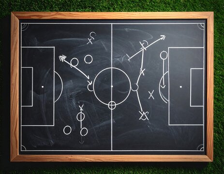 Overhead view of a chalkboard depicting a soccer game strategy