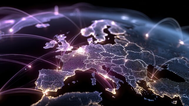 Europe Network Connection: Digital Grid Over Map Connecting Cities, Representing Modern Technology and Global Communications