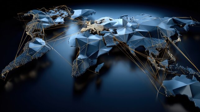 Global Network Abstract 3D Render: Interconnected World Map with Metallic Accents, Representing Connectivity and International Business - Powered by Adobe