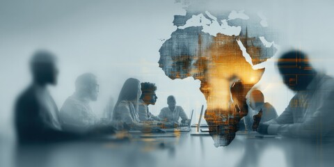 Global Business Strategy: Diverse Team Meeting with Africa Map Overlay for International Collaboration