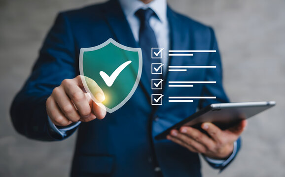 Confident businessman ensures cybersecurity with digital verification check