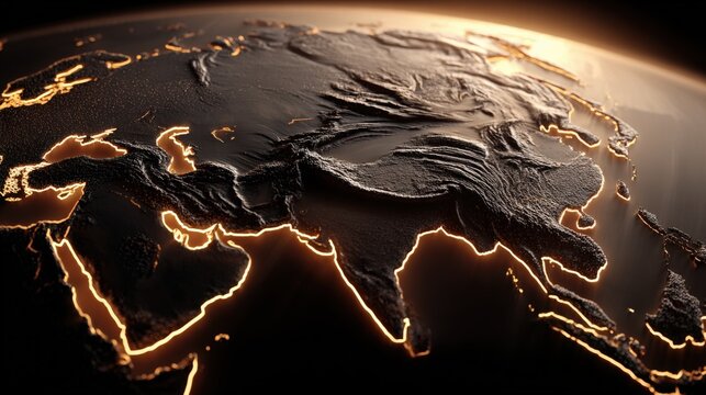 Detailed Topographical Map of Asia Continent with Golden Outline, Representing Economic Growth and Technological Advancement - Powered by Adobe