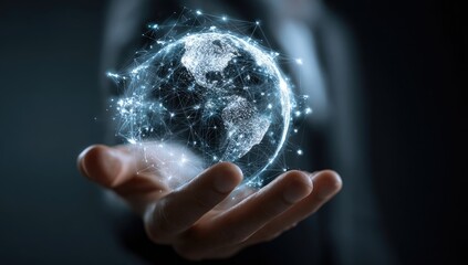 A hand holds a digital globe, interconnected by lines, over a dark background
