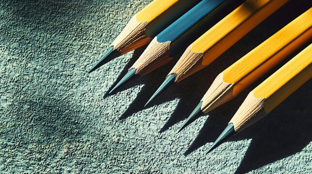 A close-up shot of several sharpened pencils, with one blue pencil standing out among the yellow ones, casting shadows on a textured surface.