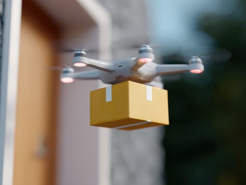 Conceptual image of a drone delivering a small package to a doorstep, last-mile delivery. Convenience, future. Bright.