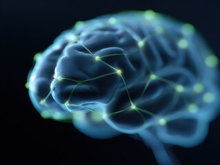 Abstract background of glowing interconnected nodes forming a brain shape, representing knowledge network. Learning, intelligence. Blue and green.