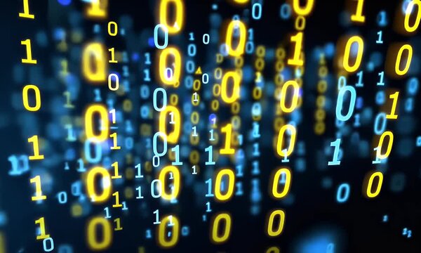 Abstract background with blue and yellow binary code, light rays, and a digital data stream on a dark backdrop. A digital technology concept with glowing dots 