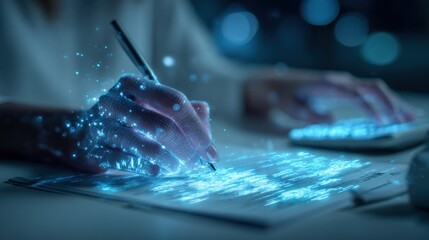 Person writing on paper with glowing digital particles, symbolizing data analysis and innovative technology