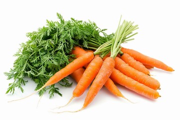 Freshly harvested carrots with vibrant green tops resting on a white background ready for culinary uses