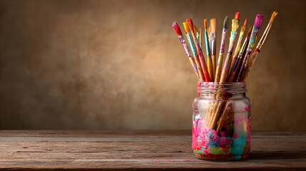 Paintbrushes in a glass jar on a wooden table.