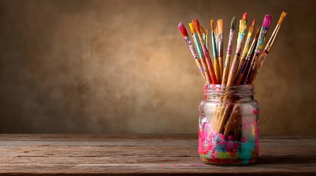 Paintbrushes in a glass jar on a wooden table.