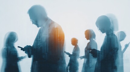 Diverse group of people using mobile phones, depicted with a modern, futuristic and abstract style.