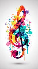 Colorful Treble Clef Illustration with Watercolor Splatters, Artistic Music Symbol on White Background