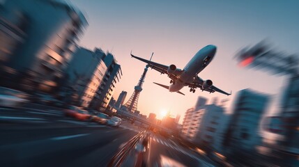 Airplane Flying over Modern Cityscape at Sunset: Commercial Aviation and Urban Travel Concept