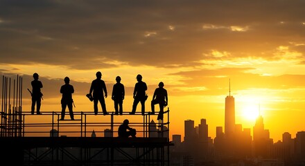 Silhouettes of a construction crew on a building site against a golden sunset over the city.