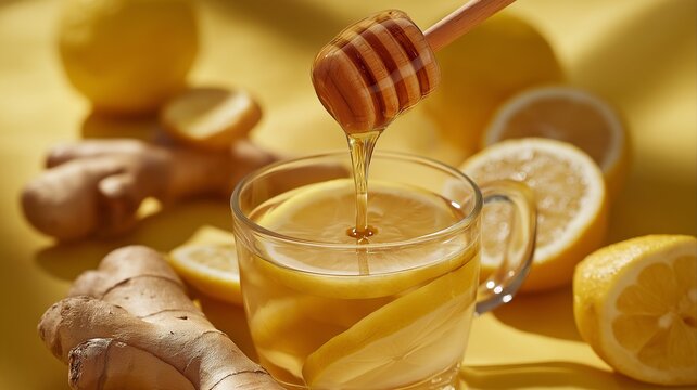 Ginger lemon tea with honey falling from the glass cup's top into water including fresh ginger root and lemon slices