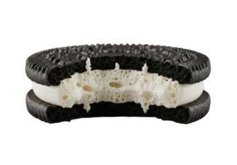 Extreme close-up macro shot of a half-eaten sandwich cookie with exposed thick vanilla cream filling showing a distinct bite mark, isolated on a transparent background, delicious dessert concept