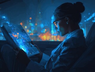 Businesswoman Analyzing Financial Data on Glowing Newspaper During Night Commute, Showcasing Modern Technology and Investment Insight