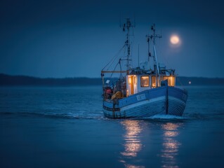 Obraz premium Fishing Boat Under Moonlight: Tranquil Night Scene of Vessel on Calm Water