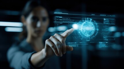 Woman Interacting with Advanced Technology Interface Displaying Complex Data and Futuristic Graphics in a High-Tech Environment