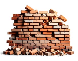 Obraz premium Partially demolished brick wall against white background; rubble at the base