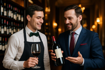 Sommelier explaining wine details to smiling waiter