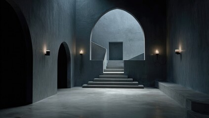 Obraz premium Dark, moody interior with arched doorways and stairs