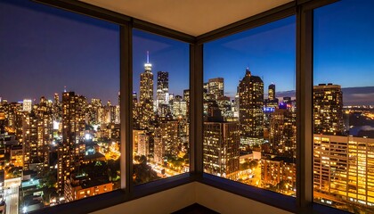 Panoramic nighttime cityscape view from a corner window