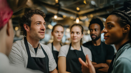 Restaurant staff listening to manager during team briefing