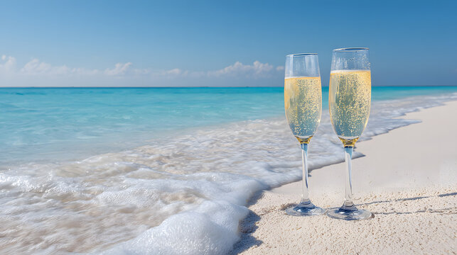 Beach Celebration: Two glasses of champagne toast on a serene white sand beach under a clear blue sky. Perfect for vacation or getaway. - Powered by Adobe