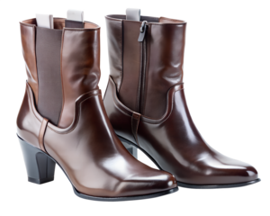 Pair of brown leather ankle boots with block heel and side elastic panel, isolated on transparent background