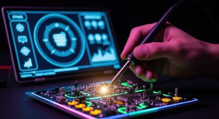 Closeup of a hand working on a circuit board with a digital display