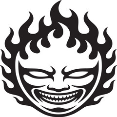Black and white graphic of a stylized face with flame like hair and a sinister grin on a white background