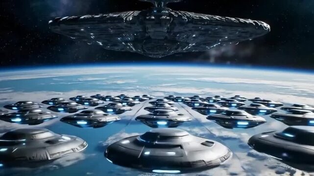 Naves extraterrestre indo em dire&ccedil;&atilde;o a uma nave m&atilde;e. Ilustra&ccedil;&atilde;o gerado por IA.