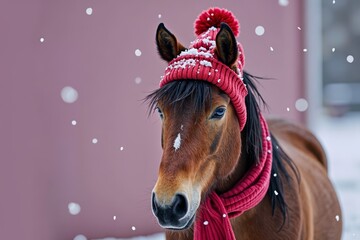 A Stylish Horse Braving Winter in Snowfall, Adorned in Hat and Scarf, on a Purple Background.
