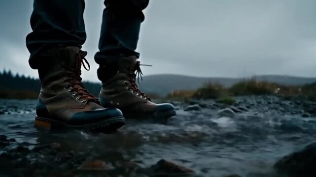 P&eacute;s com botas pisando no po&ccedil;o de &aacute;gua acima da montanha.