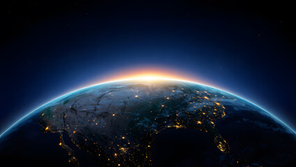 North America Sunrise: Global Network Connections, Illuminated Cities, Dramatic Space View.