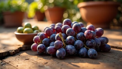 Freshly picked red grapes on a rustic wooden table in natural light